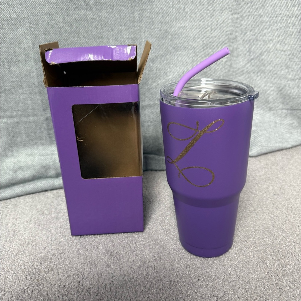Purple Tumbler with Straw and Gold Initial